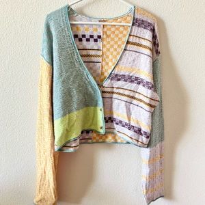 Free People Ready Set Go Colorful Boho 70s Retro Patchwork Gingham Cardigan XS